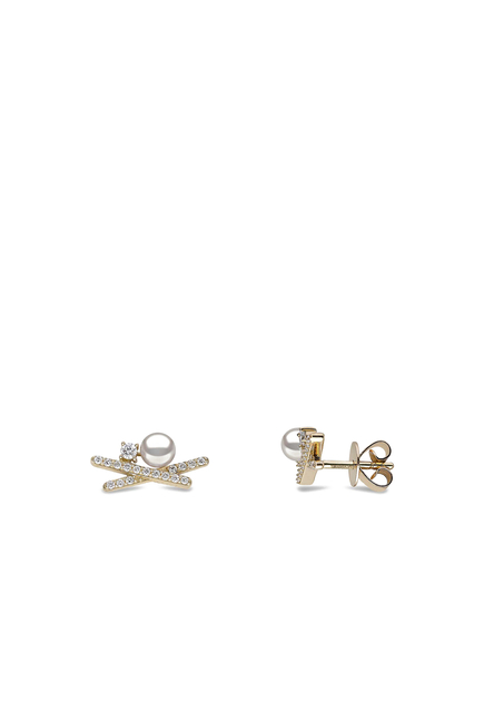 Sleek Stud Earrings, 18k Yellow Gold, Diamond & Pearl